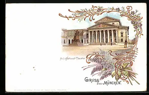 Lithographie München, Hof u. National-Theater mit Strasse