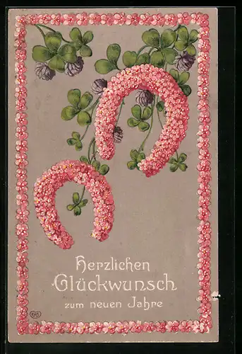 Präge-AK Hufeisen aus Blumen mit Glücksklee, Blumenbild