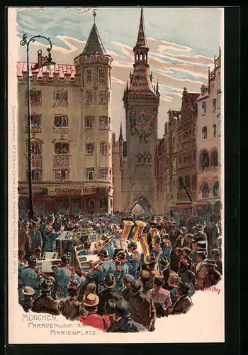 Künstler-Lithographie Paul Hey: München, Parademusik am Marienplatz