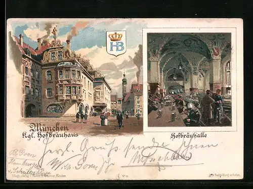 Lithographie Münchner Hofbräuhaus, Aussen- und Innenansicht