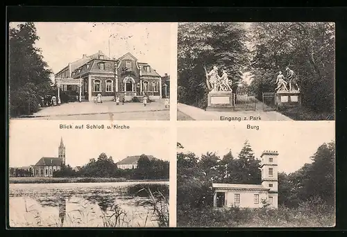 AK Gross-Kühnau bei Dessau, Blick auf Schloss u. Kirche, Gasthaus Waldschlösschen