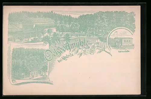 Lithographie Köstritz, Gasthaus Oelsdorfmühle mit Schiesshalle