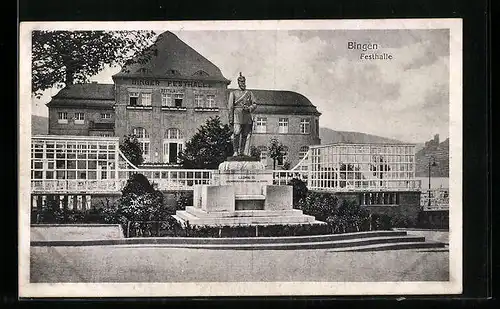 AK Bingen, Festhalle mit Denkmal Ludwig IV.