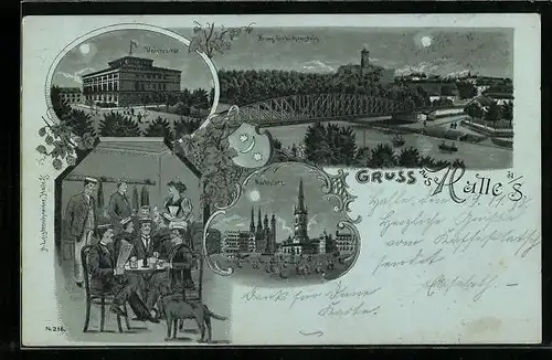 Lithographie Halle, Universität, Burg Giebichenstein, Marktplatz