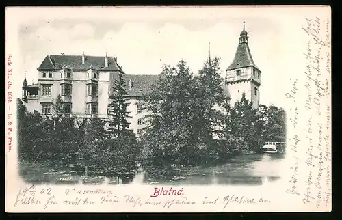 Relief-AK Blatna, Flusspartie mit Kirchturm