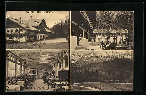 AK Linderhof /Obb., Schloss-Hotel Linderhof, Blick vom Königshäusl auf Kuchelberg