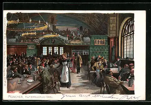 Künstler-Lithographie Paul Hey: München, Gäste im Saal des Hofbräuhauses