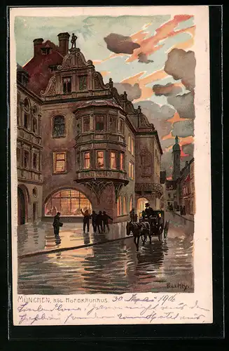 Künstler-Lithographie Paul Hey: München, Kgl. Hofbräuhaus von der Strasse gesehen