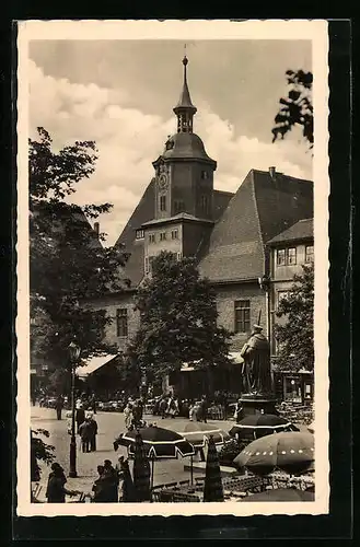 AK Jena, Hanfried-Denkmal mit Rathaus