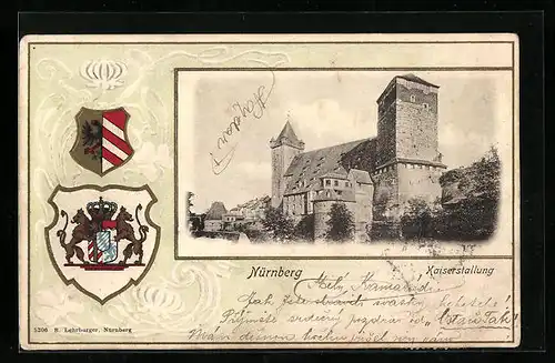 Passepartout-Lithographie Nürnberg, Kaiserstallung, Wappen