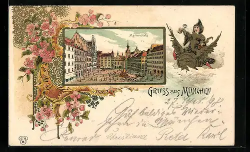 Lithographie München, Marienplatz mit Denkmal, Münchner Kindl mit Bierkrug