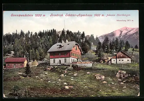 AK Schottwien, Friedrich Schüler-Alpenhaus mit Sonnwendstein und Schneeberg