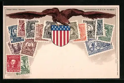 Lithographie America, Briefmarken und Adler mit Wappen