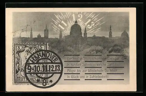 AK Hannover, Briefmarke mit Stempelzeichen 9-10 11.12.13, Panorama mit Datums-Sonne