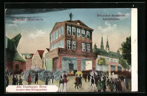 Künstler-AK Hamburg, Hamburger Börse 1840, Wandgemälde im Börsenhof-Restaurant am Adolphsplatz