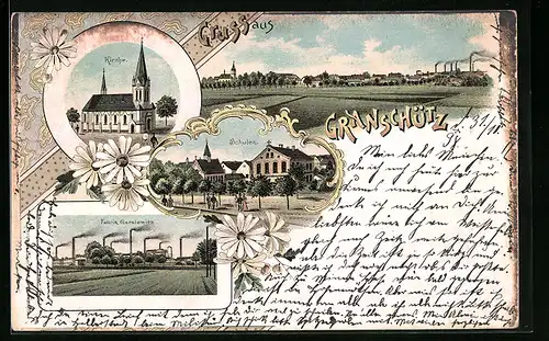 Lithographie Granschütz, Kirche, Schulen, Fabrik Gerstewitz