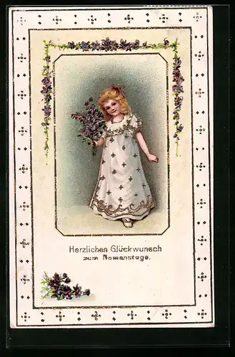 AK Mädchen mit Blumen zum Namenstag