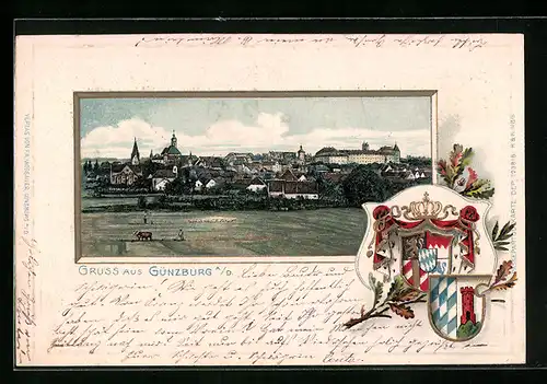 Passepartout-Lithographie Günzburg a. D., Teilansicht, Wappen