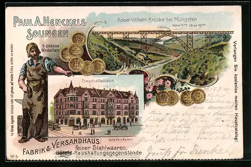 Lithographie Müngsten, Kaiser-Wilhelm-Brücke, Geschäftshaus, Paul A. Henckels Solingen