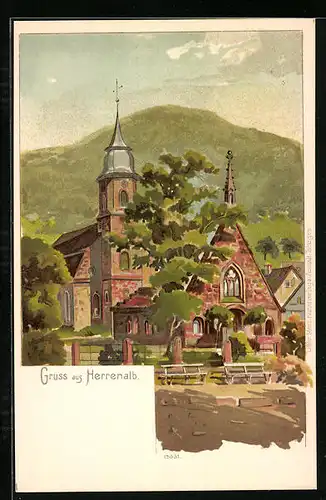 Lithographie Herrenalb, Die Kirche mit Parkbänken