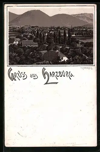 Vorläufer-Lithographie Harzburg, 1892, Ortsansicht mit Bergblick