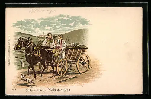 Lithographie Schwäbische Volkstrachten, Pferdefuhrwerk, Hund