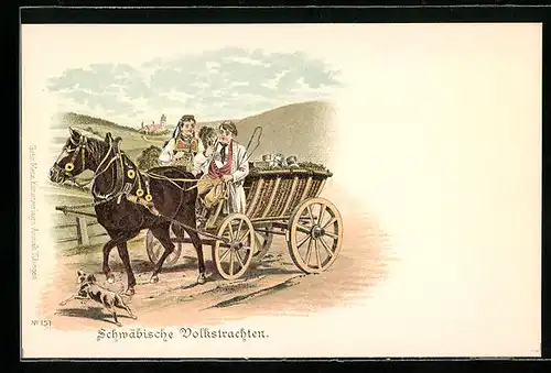 Lithographie Schwäbische Volkstrachten, Hund und Pferdekarre