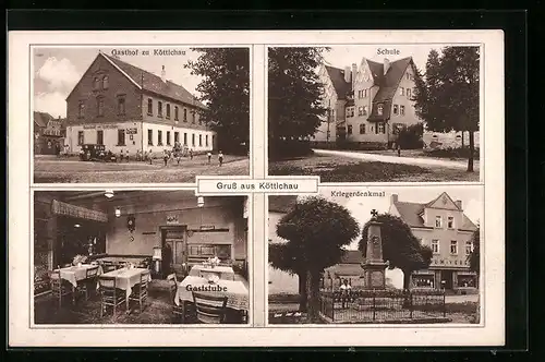 AK Köttichau, Gasthof zu Köttichau, Schule, Gaststube, Kriegerdenkmal