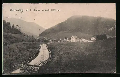 AK Mürzsteg, Ortspartie mit der hohen Veitsch und Feldweg