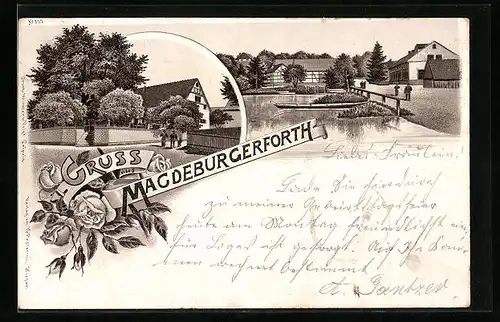 Lithographie Magdeburgerforth, Strassenpartie am Dorfteich, Haus an einer Kreuzung