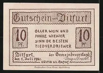 Notgeld Ditfurt 1921, 10 Pfennig, Rathaus und Spielhaus 1330