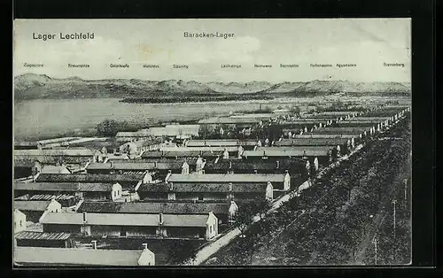 AK Lager Lechfeld, Ansicht des Truppenübungsplatz mit Baracken, Alpenpanorama
