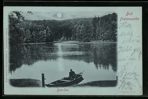 Mondschein-AK Bad Freienwalde, Ruderboot auf dem Baa-See