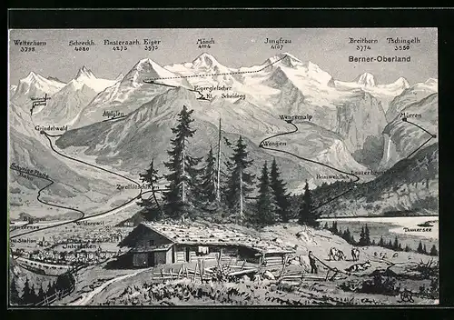 Künstler-AK Interlaken, Hütte am Thunersee im Berner Oberland, Blick zum Wetterhorn, Jungfrau und Mönch