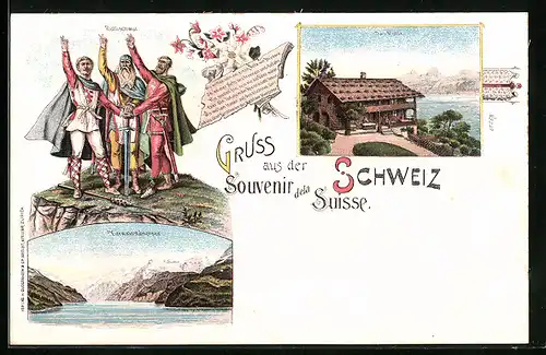Lithographie Schweiz, Vierwaldstättersee, Rütlischwur