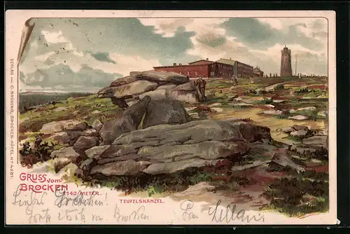 Künstler-AK Erwin Spindler: Brocken, Aussichtsturm, Teufelskanzel