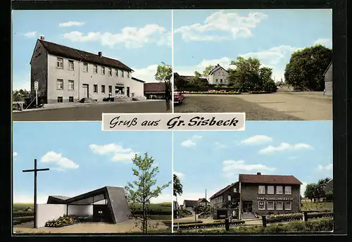 AK Gr. Sisbeck, Gemischtwarengeschäft von Herbert Scholz, Spar- u. Darlehenskasse, Grabmal