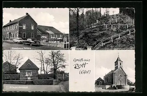 AK Rott / Eifel, Gasthaus Peters, Hauptstrasse 11, Kirche, Kriegerdenkmal