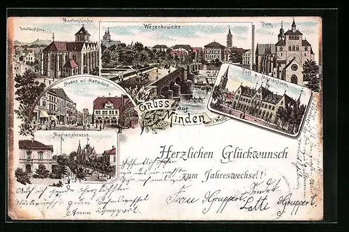 Lithographie Minden i. Westf., Weserbrücke, Markt mit Rathaus