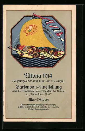 AK Altona, Gartenbau-Ausstellung 1914, Segelschiff mit Blumen