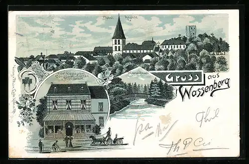 Lithographie Wassenberg, Hotel-Restaurant von Max Graab, Marienburch, Totalansicht