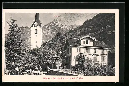 AK Flüelen, Bahnhof-Restaurant mit Kirche