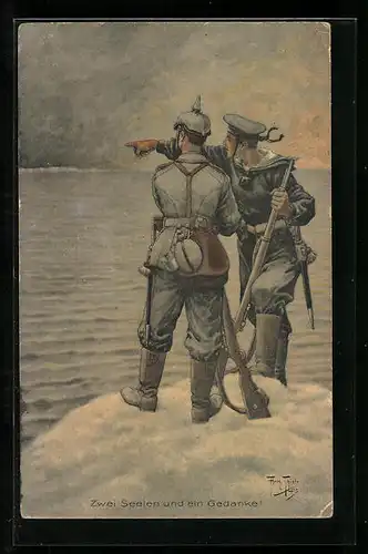 Künstler-AK Arthur Thiele: Infanterie-und Marinesoldat am Meer