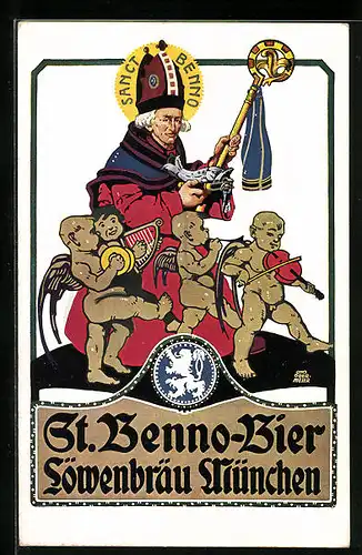 Künstler-AK Otto Obermeier: München, Sanct Benno mit Engeln - Brauerei-Werbung St. Bennobier