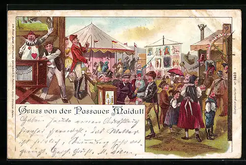 Lithographie Passau, Maidult mit Glücksrad und Schiffsschaukel, Volksfest