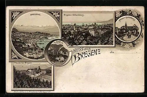 Lithographie Bregenz, Ortsansicht vom Gebhardsberg, Gesamtansicht, Hotel Pfänderspitze