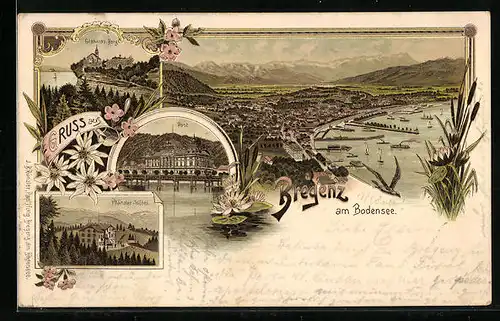 Lithographie Bregenz /Bodensee, Gesamtansicht, Post, Pfänder-Hotel