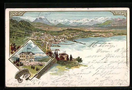 Lithographie Bregenz, Gesamtansicht mit Bergkette, Pfänder-Hotel