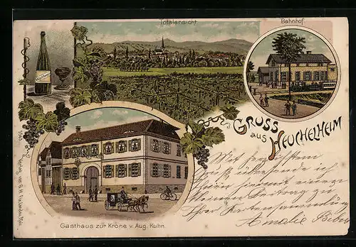 Lithographie Heuchelheim, Bahnhof, Gasthaus zur Krone, Flasche Waldwein, Totalansicht