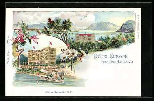 Lithographie Paradiso-Lugano, Hotel Europe mit See und Bergpanorama, Dampferstation